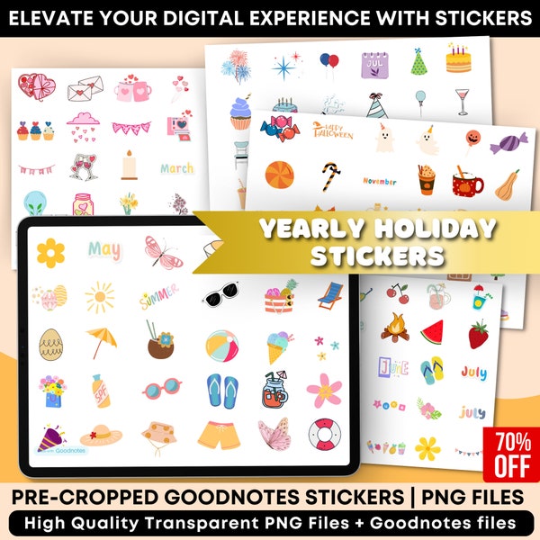 Holiday Digital Stickers, Yearly Holiday Stickers, All year Holidays, Digital Planner Stickers, Goodnotes Stickers, Seasonal Words Stickers