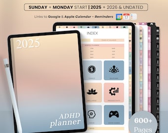 以下が含まれることがあります： 日曜日と月曜日から始まる、2025年と2026年のデジタルプランナー。プランナーは、上部に黒色の「DIGITAL ADHD PLANNER」というテキストが書かれた、薄い青色とピンク色のグラデーションの背景になっています。プランナーには、ファイナンス、セルフケア、ウェルネス、生産性、ADHD、ADHDゲームのセクションが含まれています。プランナーには、600ページ以上と、GoogleおよびApple Calendar + Remindersへのリンクも含まれています。