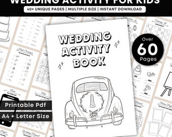 May include: A black and white wedding activity book for kids with the text "WEDDING ACTIVITY BOOK" and an illustration of a car. The book includes over 60 pages and is available in A4 and Letter size as a printable PDF.