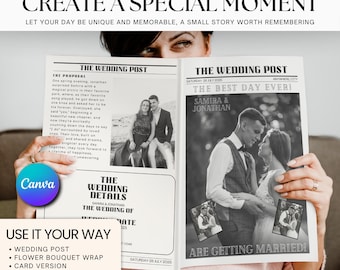 Plantilla de programa de periódico de bodas: Diseño editable en Canva (descarga digital)