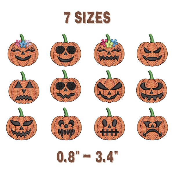 Mini Pumpkin Embroidery Design, Smiley Pumpkin Machine Embroidery File, Small pumpkin Embroidery Bundle,  7 Sizes - Instant Download