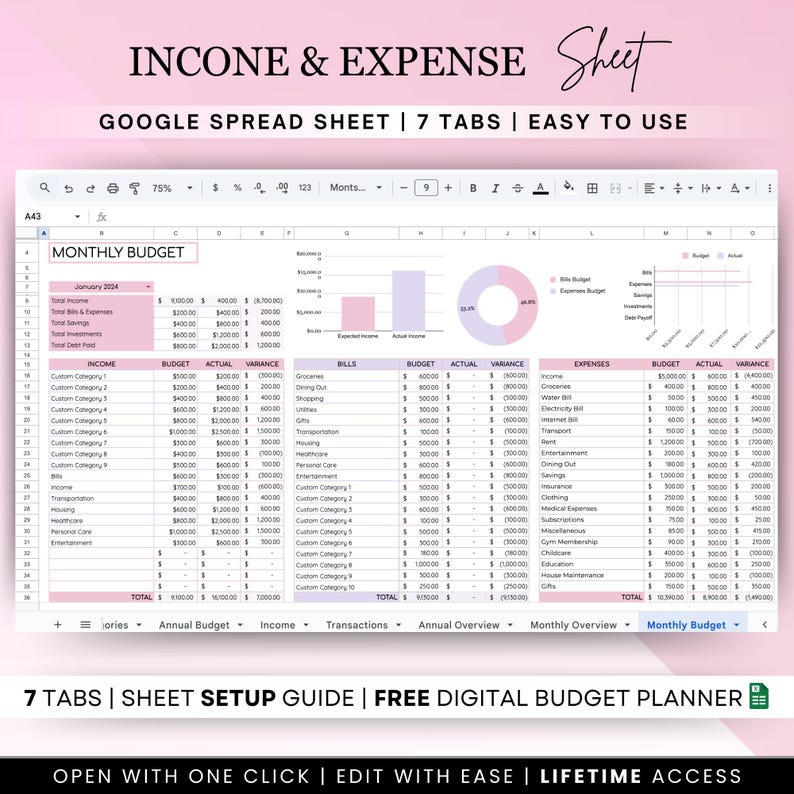 May include: A Google spreadsheet template for budgeting, with tabs for monthly budget, income, transactions, annual overview, and monthly overview. The spreadsheet includes sections for income, bills, and expenses, with columns for budget, actual, and variance. The spreadsheet is designed to help users track their finances and stay on top of their budget.