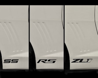 May include: Black vinyl car decals showing the letters "SS", "RS", and "ZLD". The decals are on a white car door, against a black background. The decals are in a bold, sans-serif font.