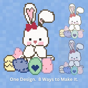 Może przedstawiać: Ilustracja w stylu pixel art przedstawiająca białego królika z czerwoną kokardą, otoczonego kolorowymi pisankami. Obraz prezentuje trzy warianty wzoru i zawiera tekst "One Design. 8 Ways to Make It." na jasnoniebieskim tle.