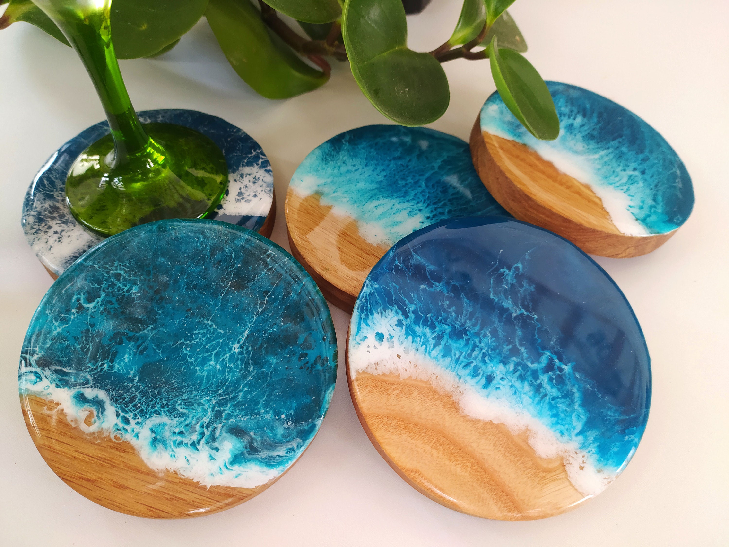 Ocean Resin Coasters Set Wood Resin Beach Coasters Kitchen Etsy