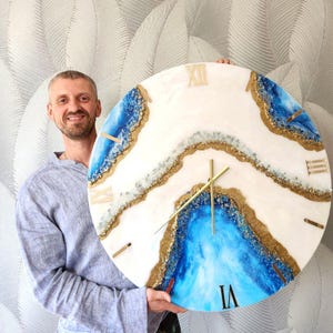 Blue Epoxy Resin Clock, Geode Art, Giant Wall Clock 22", Family Gift, Wedding Gift, Unusual Luxury Gift