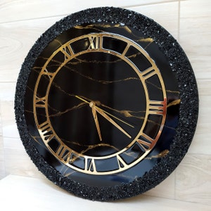 Black Gold Resin Wall Clock with Stones, First Time Home Buyer Gift