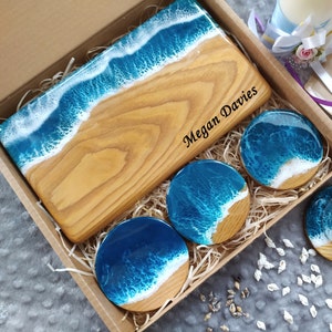 Engraved Wood Cutting Board with Ocean Resin Coasters: Personalized Charcuterie Board