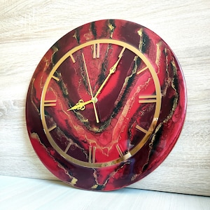 Red and Gold Epoxy Resin Wall Clock: Modern Abstract Art