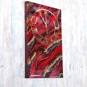 Red Gold Resin Geode Clock: Abstract Rectangle Wall Art
