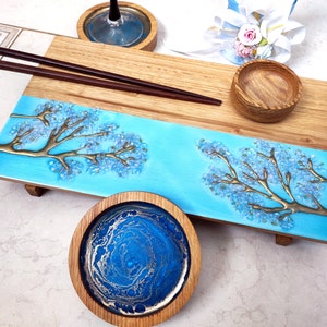 Resin Sushi Serving Set, Wood Sakura Sushi Board With Sauce Bowl And Coasters, Handmade Engraved Wood Sushi Platter