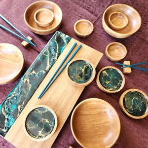 Big Sushi Serving Set For 4 People, Wooden Resin Board For Sushi With Coasters & Sauce Bowls, Housewarming or Anniversary Gift
