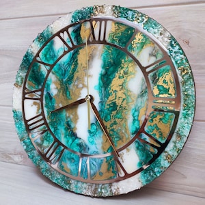Green Resin Wall Clock: Gold Roman Numerals, Natural Stone Inlay