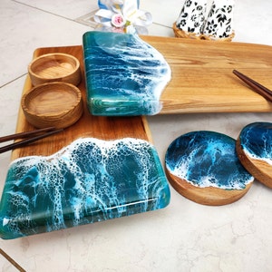 Custom Serving Tray Resin, Resin Sushi Set For 2, Two Sushi Serving Platters With Sauce Bowls & Coasters, Gift For Her