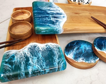 Custom Serving Tray Resin, Resin Sushi Set For 2, Two Sushi Serving Platters With Sauce Bowls & Coasters, Gift For Her