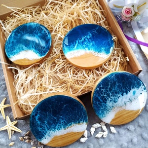 Ocean Resin Coasters Set: Handmade Oak Wood Beach Decor