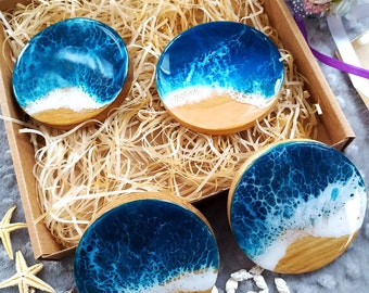Ocean Resin Coasters Set, Wood Resin Beach Coasters, Kitchen Gift Set, Gift For Her