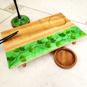 Personalized Sushi Set, Wood Resin Sushi Board And Coasters Decorated With Artificial Ivy, Wedding Sushi Gifts