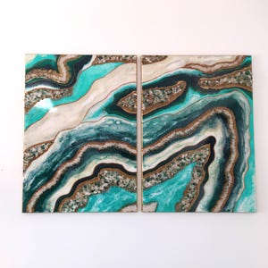 Emerald Green Geode Wall Art Diptych: Resin Painting with Natural Stones