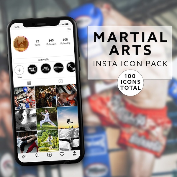 100 icônes de faits saillants de l'histoire Instagram | Pack d'arts martiaux monochromes | 25 couvertures de surbrillance en 4 couleurs