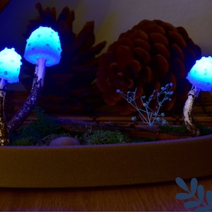 Blue Mushroom Lamp, Glowing Blue LED, with soft silicone and preserved moss - USB powered night light - (micro USB cable included)