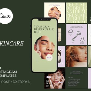 Puede incluir: Una colección de 60 plantillas de Instagram para el cuidado de la piel, con un fondo verde y el texto "SKINCARE" y "60 INSTAGRAM TEMPLATES 30 POST + 30 STORYS". Las plantillas incluyen imágenes de personas que usan productos para el cuidado de la piel, superposiciones de texto y gráficos.