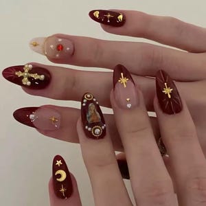 Burgundy Press On, Flower, Brown, 3D press on Nails, Handmade 3D False Nails, Edgy Nails for Birthday Party Holiday,Vacation , Gift for Her