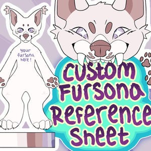 Peut inclure: Une feuille de référence de fursona personnalisée avec un personnage anthropomorphe blanc ressemblant à un chat avec des accents violets. La conception comprend une palette de couleurs et le texte "your fursona here!". Les mots "Custom Fursona Reference Sheet" sont également affichés.