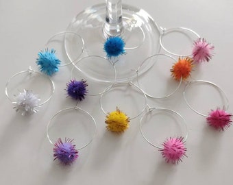 Silver Wine Glass Charms with Glitter Pompoms set of 10