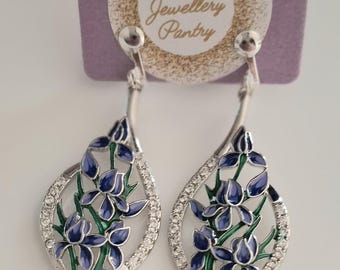 Pendientes colgantes de cristal de hoja azul en tono plateado sin perforar/con clip para adultos