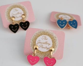 NEW for 2024. Clip on earrings kids/non pierced with Coloured Heart Smiley Face charm