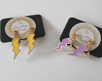 Clip on earrings kids/non pierced Coloured Lightening Bolt dangle charms