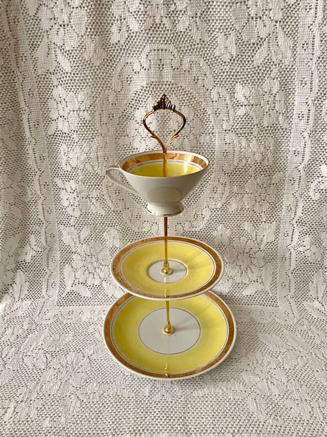 Porcelain Cake Stand White/gold/yellow Made From Old Etsy