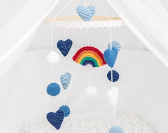 Baby mobile crocheted hearts rainbow gift birth baptism