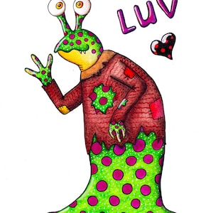 Extraterrestre feliz y lindo, babosa, impresiones artísticas imprimibles, hola amor, monstruo amigable, criatura adorable, verde, arte divertido, extraterrestre divertido, monstruos divertidos