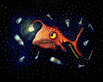 Funny Angler Fish, Printable Art, Art Print, Angry Fish, Anglerfish, Sea Angler, Funny Fish Art, Angery, Plastic Pollution, Save the Sea