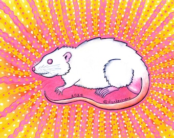 Trippy Rat Art, Rat Art Print, Dumbo Rat Art, Dumbo Rats, Fancy Rats, Fancy Rat Art, Printable Art, Trippy Art, Pink Yellow, White Rat Art