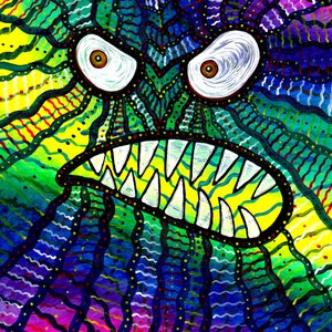 May include: A colourful abstract painting of a monster with a wide open mouth and sharp teeth. The background is a vibrant mix of blue, green, yellow, red and purple.