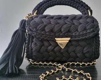 Crochet handbag, hand made purse, crossbody bag, sewn handbag, luxury handbag, versatile purse, black crochet, gifts for her, anniversary