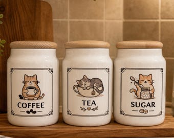 Cute Cat Ceramic Canister Set – Coffee, Tea, Sugar Storage with Bamboo Lids
