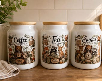 Woodland Animals Ceramic Canister Set – Coffee, Tea, Sugar Storage with Bamboo Lids