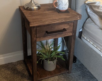 Handmade Rustic Wooden Nightstand Bedside Coffee Table Cabinet Furniture With Shelf And Draw Farmhouse home bedroom gift for him her mothers