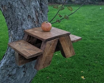 Handmade Squirrel Picnic Table: Rustic Wooden Bird Feeder