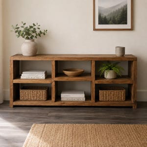 May include: A rectangular wooden media console with six open storage compartments. The unit features two woven baskets, two stacks of books titled Live Beautiful, a wooden bowl, and two potted green plants placed on the top surface.