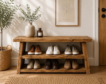 Handmade Rustic Wooden Shoe Rack Bench: Chunky 2-Tier Farmhouse Organizer Seat