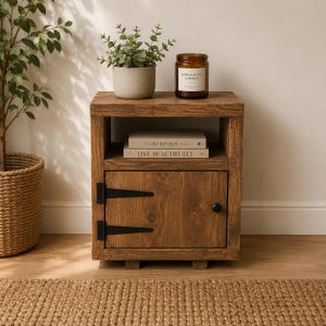 May include: A brown wooden nightstand featuring an open shelf containing two books titled The Kinfolk Home and Live Beautifully, and a lower cabinet door with black metal hinges and a round knob. A candle and a potted plant sit on top.