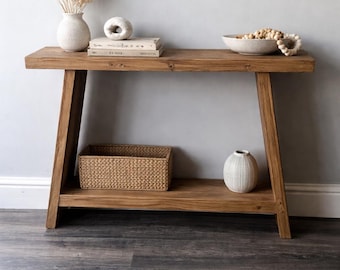 Handmade Rustic Wooden Hallway Cabinet: Angled Bookshelf Console Table Unit