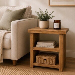 Handmade Rustic Wooden Sofa Side Table: Farmhouse Decor Book Shelf Unit