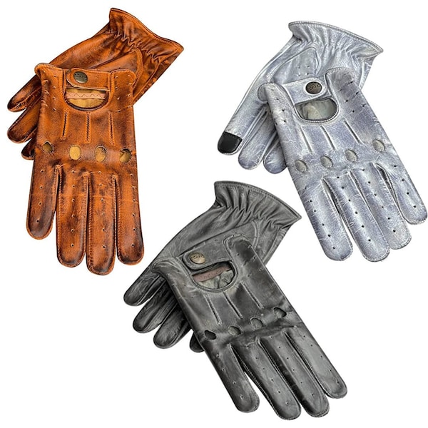 Driving gloves full finger mens leather waxed vintage gloves touchscreen with buttons - Professsional 507