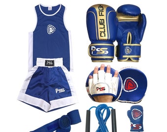PSS Kids Boxing set 6PCS Set Uniform Top/Short 3-10 YEARS + Kids Focus Pad 1108 Blue Kids Boxing Gloves 1006 Blue 6-OZ